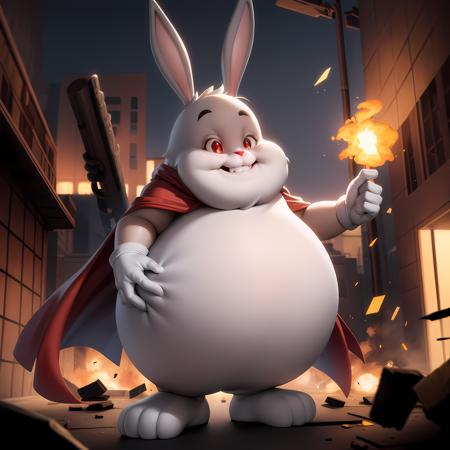 ((masterpiece, best quality)),(complex light), full body, solo, chungus, <lora:TheGooder_Big_Chungus1-1:0.6>,sky, fat, rabbit, rabbit teeth, white gloves,  smirk, glowing eyes, floating, red cape, dark lighting, destroyed debris background, red eyes,  no humans