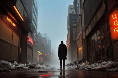 Desolate rain-soaked cityscape at night, shadows clozk dimly lit alleyways, neon signs flicker in the distance, heavy mist glow over the empty streets, abandoned buildings loom ominously against the dark sky, shattered windows reflecting the pale light of the moon, a lone figure with a tattered coat traverses the Urban maze, each step he takes echoes softly on the wet pavement, atmosphere is thick with tension, world of darkness and despair, hautingly beautiful tableau