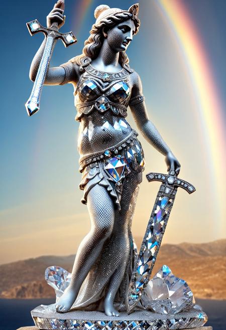 masterpiece, best quality, amazing quality, very aesthetic, absurdres, diamondMW, countless diamonds,
landscape, female goddess statue made of diamond, transparent, holding diamond sword, greeksandals, sandals, rainbows, refraction, porcelain skin, stoic expression, dynamic angle, unique perspective