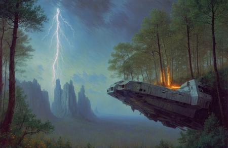 (impressionism:1.05), A crashed spaceship ,Petrified lightning ,Holographic deer , Cliff/Bluff, pine forest, (john harris:0.9), scene painting,a painting,scenery,