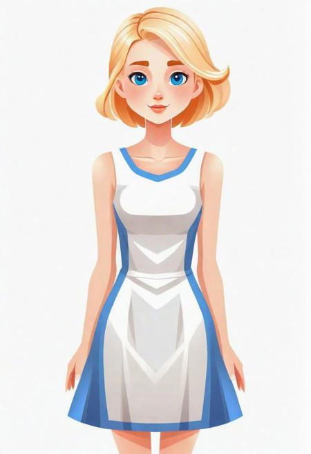 girl - blonde - hair raised up, thin, beautiful, full length, standing straight, HANDS TO THE SIDE, short dress, sleeveless, blue eyes, WHITE background, flat vector, illustration, autumn, user interface v 4