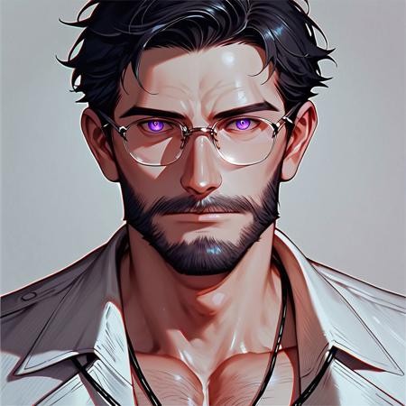 (score_9), (score_8_up), (score_7_up), (score_6_up), (score_5_up), (score_4_up), HD, 10k Res, Gritty, noir, source_anime+, (Cell Shading), (source_anime)+ (masterpiece), best quality, (expressive eyes), (perfect face)+++. Generate an image of Doctor Harvey. He is a middle-aged man in his forties, unusual purple eyes, wire-rimmed glasses. 1boy, solo, detailed eyes, (greying black hair, greying hair)+++, well-trimmed beard, kindly yet weary expression, dressed in a crisp white lab coat over a blue dress shirt and slacks, his reassuringly calm demeanor stands out