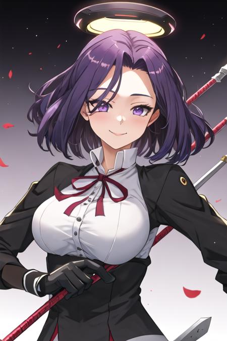 best quality, masterpiece, highres, solo, {tatsuta_kantaicollection:1.15}, purple_hair, purple_eyes, short_hair, mechanical_halo, halo, smile, breasts, large_breasts, 1girl, glaive_\(polearm\), looking_at_viewer, polearm, weapon, gloves, black_gloves, school_uniform