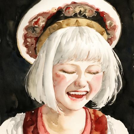 <lora:kokoshnik:1.0>, kokoshnik,  wearing hat, 
1girl, arms under breasts, black horns, buttons, closed eyes, demon girl, horns, limited palette, open mouth, painting \(medium\), sharp teeth, short hair, smile, teeth, traditional media, watercolor \(medium\), white background, white hair