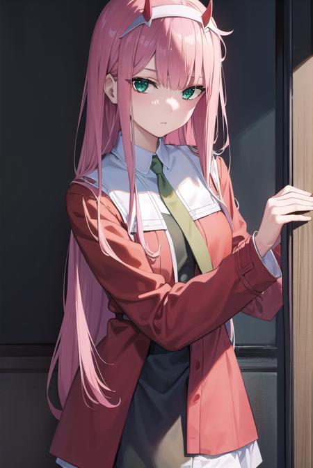 zerotwo, <lyco:zerotwo-lyco-nochekaiser:1>,
zero two, (green eyes:1.5), hairband, horns, long hair, pink hair, red horns, white hairband,
BREAK jacket, leggings, red jacket, white footwear,
BREAK indoors, classroom,
BREAK looking at viewer, (cowboy shot:1.5),
BREAK <lyco:GoodHands-beta2:1>, (masterpiece:1.2), best quality, high resolution, unity 8k wallpaper, (illustration:0.8), (beautiful detailed eyes:1.6), extremely detailed face, perfect lighting, extremely detailed CG, (perfect hands, perfect anatomy),