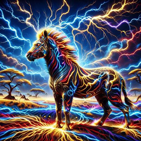 lazympos, depth of field, hyperrealistic, masterpiece, Intricate Design, made of golden and blue and red and yellow and purple lightning thunder trails, lthndrtrl,
zebra made of thunder trails, savanna scenery