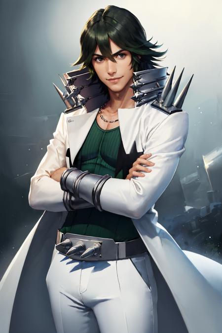 sanageyama uzu uniform, long coat, spikes, white pants, necklace