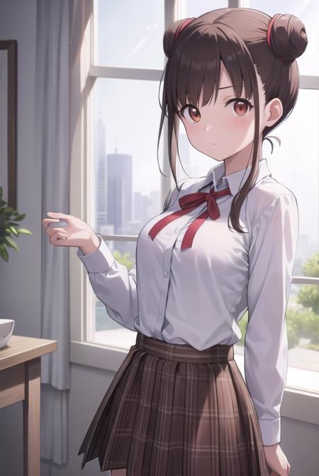 chiyokosonoda, <lyco:chiyokosonoda-lyco-nochekaiser:1>,
chiyoko sonoda, brown hair, (red eyes:1.5), hair bun, long hair, double bun, sidelocks,
BREAK brown skirt, buttons, collared shirt, dress shirt, miniskirt, neck ribbon, plaid, plaid skirt, pleated skirt, ribbon, school uniform, shirt, skirt, white shirt, yellow ribbon,
BREAK indoors, classroom,
BREAK looking at viewer, cowboy shot,
BREAK <lyco:GoodHands-beta2:1>, (masterpiece:1.2), best quality, high resolution, unity 8k wallpaper, (illustration:0.8), (beautiful detailed eyes:1.6), extremely detailed face, perfect lighting, extremely detailed CG, (perfect hands, perfect anatomy),