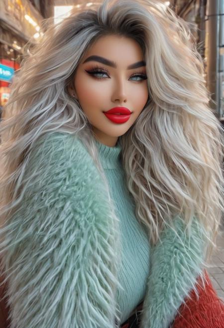 (Style-DoF:1.7),
<lora:LaDy_CooL XL:1.0>,
bmbplora, 
CYBR-XL,
<lora:bmbploraxl6-000008:0.65>,
<lora:BimbolipsV4-000003:0.8>,
<lyco:biglips-v2:1>,
((big lips):1.2),
large iridescent bright colorful blue electrical bright eyes,
((ultra detailed, highly detailed):1.4), (best quality), (full body), 2women, (Thai ethnicity beautiful woman and Caucasian ethnicity beautiful woman), ((fluffy clothes):1.7), ((fluffy sweater):1.7), ((only 1 black mole spot beauty mark on left side of the face above the upper lip):2.3). (beautiful women:2.5), (((porcelain color skin))), (photorealistic:1.8) (bokeh:1.3) (intricate details) (cinematic lighting) (sharp focus) ((Full body photograph):1.8). 
Long very voluminous wavy two tone hair. (Ultra furry:1.8)(fur trimmed) sweater. ((Ribbed sweater knit with a large loop):1.8). 
bmbplora. Bimbo makeup. Bold (long eyeliner:1.9). (Long fluffy lashes:1.5). (cyan color eyes:1.4) and (red glossy  and shiny lips:1.9), big lips, bimbolips, (huge lips:1.8), enormous lips, parted lips. Smiling and showing ((super white)) ((perfect arranged teeth):1.5). (Big boobs:1.4). (Long boots) (fur trimmed). Thai and Caucasian beautiful women stay on the middle of Paris street.