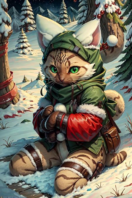 <lora:Race - Palico:0.85> non human, non-human,  highres, detailed, soft lighting, palico [monster hunter], furry, cat ears, paw pose, green eyes, red and black fur, snow, mountains, winter gear, heavy snow drift, trees,