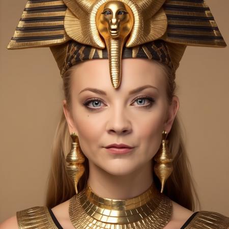 Photo of (ohwx woman) <lora:NatalieDormer:1> as an Egyptian queen, serpent headdress, golden serpent jewelry. pyramids, Egypt