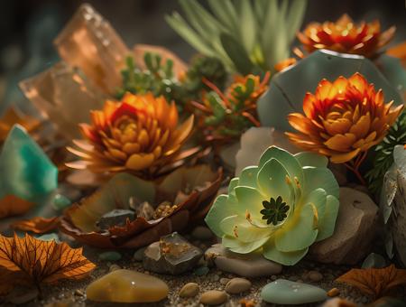 <lora:dooli_yiu_v10:0.8>, a close up of a bunch of rocks and plants, dried leaves, flowers dried in ice, transparent ice, roughness of materials, fade, slate gray, orange color lookup, (teal and orange:0.7), cinematic colors, vignette, lowkey, glowing, dark depth of field