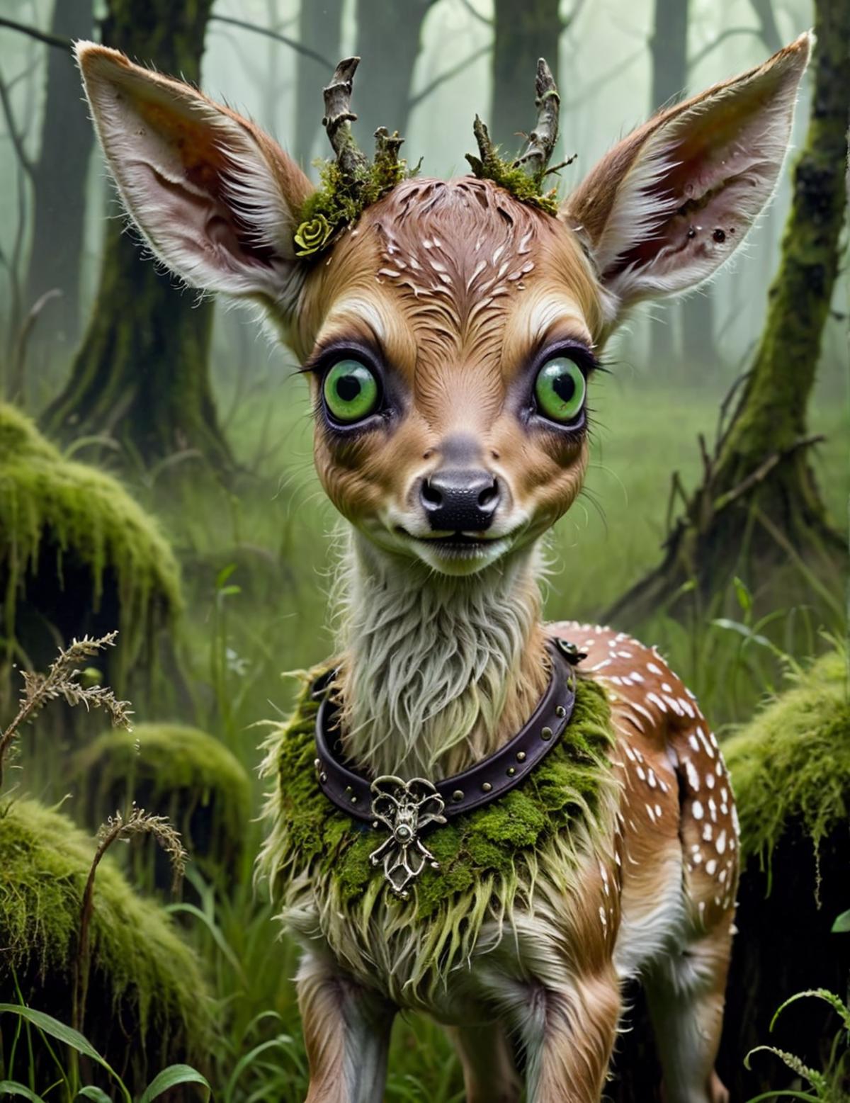 A deer wearing a necklace in a forest with green eyes.