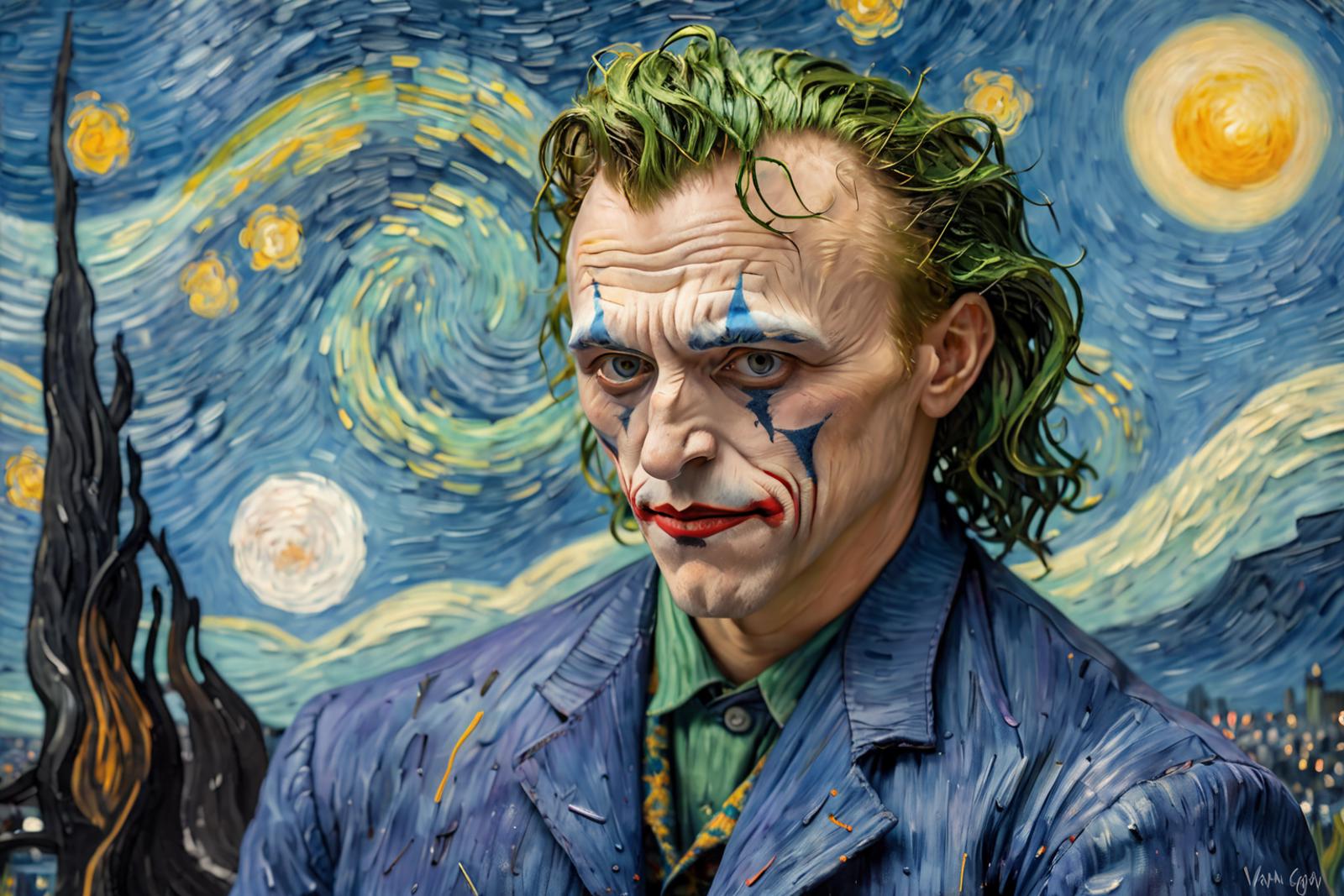 A painting of the Joker from Batman with a blue jacket and a green tie.