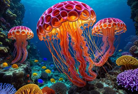 Geometric Transformation, ((Jellyfish)) made out of voronoi,  basalt columns, Basiphobia, under the sea, reef, summer, sea life, dramatic, vibrant colors, vivid colors, Masterpiece, best quality, amazing quality, volumetric lighting, SFW, PG, exquisite detail, digital art, highly detailed, beautiful, surreal, lazypos,
