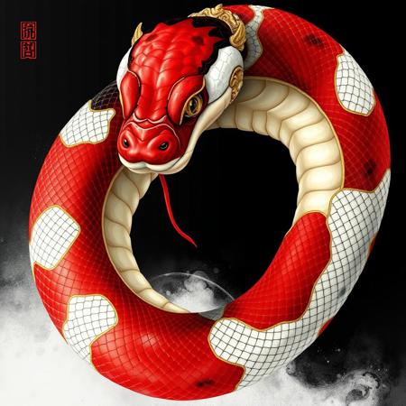japanese snake art is depicted with intricate, realistic digital painting of a snake, with a striking contrast of red, gold, black and white, giving a three-dimensional effect, realistic appearance,