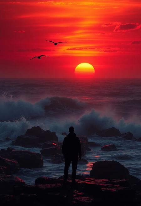 This scene dramatically depicts a rocky shore line at sunset, with crashing waves and a sky ablaze with color. The sun hovers just above the water, its rays refracting through the mist to create a kaleidoscope of reds and oranges. Seabirds soar overhead, their wings catching the light as they glide across the crimson sky. In the foreground, a lone human figure, gazing at the enchanting horizon, their silhouette framed by the fiery sunset.