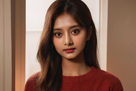 analog raw photo, (28yo wheatish indian girl:1.2), looking at viewer, makeup, realistic skin texture, (red:0.8), softcore, warm lighting, cosy atmosphere, instagram style, (red oversized sweater), ((topless)), (nipples poking), bindi <lora:tzuyuv2:1> tztwtzuyu
