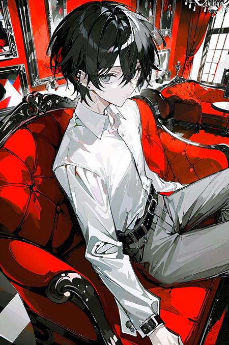 comic style, from above, 1boy, solo, male focus, red couch, earrings, jewelry, black hair, sitting, looking at viewer, short hair, white shirt, closed mouth, belt, black eyes, arms up, long sleeves, hair between eyes, collared shirt, grey pants, indoors