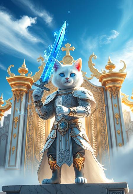"Create a hyper-realistic image of a warrior cat in white light armor, standing guard at the golden gates of a holy sanctuary in the sky. The cat holds a magical sword with a glowing blue blade, enveloped in a holy flame. Bright blue flames also surround the cat's eyes, casting an ethereal glow. The armor and gates shimmer with intricate details, set against a brilliant blue sky with wispy clouds. The atmosphere is serene and magical, with a sense of wonder and awe." Octane render, Highest-Quality, 8 k, intricate details, visually stunning, Masterpiece
