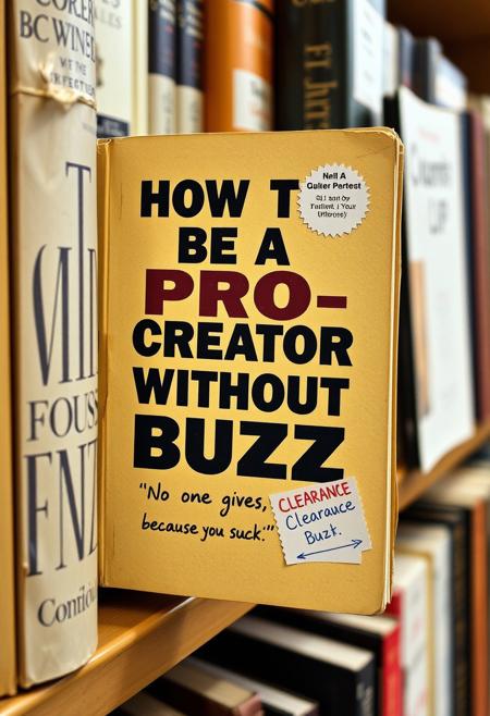 an old book a self-help book with the title in the cover "HOW TO BE A PRO CREATOR WITHOUT BUZZ" and the subtitle "No one gives you buzz, because you suck" with a sticker of clearance labels   in a shelves of an old book store