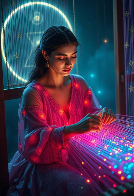 Create a surreal, dreamlike scene of a woman sitting at a loom, weaving a tapestry of memories. The loom is surrounded by a halo of soft, pulsing light, and the threads of the tapestry are made up of glowing, iridescent fibers that seem to shift and change color as they are woven. The woman's face is serene and intent, her eyes closed as she focuses on the weaving. Her hands are manipulating the threads, which are connected to distant events and people, shaping the course of history. Incorporate subtle, glowing symbols or patterns to the threads or the loom to enhance the sense of mysticism and wonder. Use vibrant, glowing colors and subtle, pulsing effects to bring the threads to life. The atmosphere should be dreamy and ethereal, with a sense of depth and mystery. Style: surreal, dreamlike, mystical. Colors: vibrant, glowing, iridescent. Highest-Quality, 4k