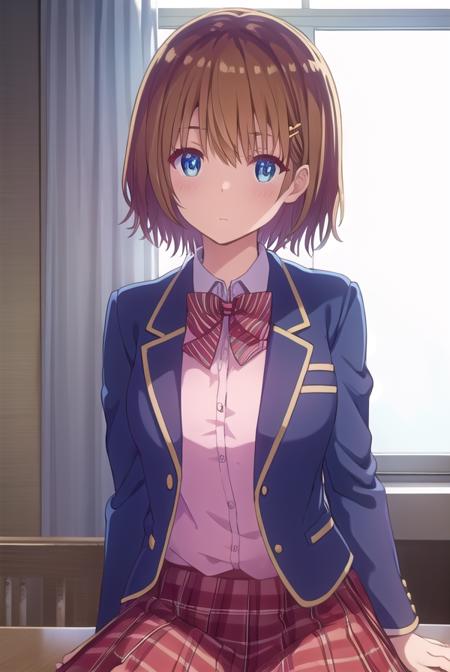 mizuhakiryuu, <lora:mizuha kiryuu s1-lora-nochekaiser:1>,
mizuha kiryuu, short hair, blue eyes, brown hair, hair ornament, hairclip,
BREAK skirt, bow, school uniform, jacket, plaid, plaid skirt, blazer,
BREAK indoors, classroom,
BREAK looking at viewer,
BREAK <lyco:GoodHands-beta2:1>, (masterpiece:1.2), best quality, high resolution, unity 8k wallpaper, (illustration:0.8), (beautiful detailed eyes:1.6), extremely detailed face, perfect lighting, extremely detailed CG, (perfect hands, perfect anatomy),