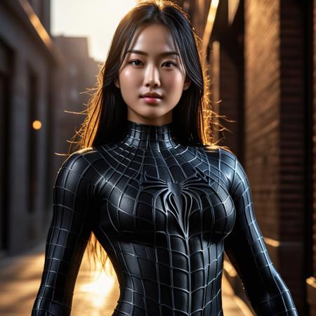 score_9, score_8_up, score_7_up, best quality, realistic, masterpiece, beautiful detail, hyperrealistic, night, ((1girl, woman body, large breast)), amazing detailed full body of a cute korean girl, wearing a realistic and highly detailed black raimi spider-man suit, ((defined muscular girl)), professional model wears ultra - detailed black raimi spider - man suit, ultra - detailed and grained black raimi spiderman suit, suit covered entire body and hand, black spiderman gloves, wet, (light smile), close up, octane render, highly detailed, volumetric, dramatic lighting, (highest quality:1.1), (HDR:1.3), (top quality, best quality), realistic, high definition, sharp contrast between light and shadow, athletic and fit physique, highly detailed and accurate portrayal, photorealistic rendering, tense and alert atmosphere cinematic scene, cinematic lighting, intricate detail skin and facial texture, lifelike expression, accurate character design, interesting and complex background details,