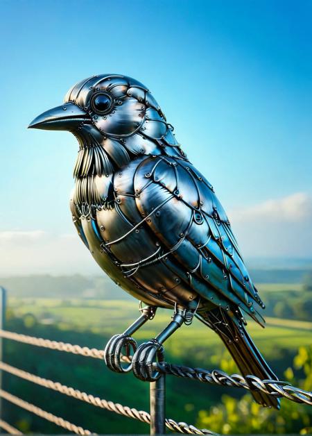 a whimsical ais-wldd bird perched on a wire fence <lora:ais-wldd-sdxl:1>