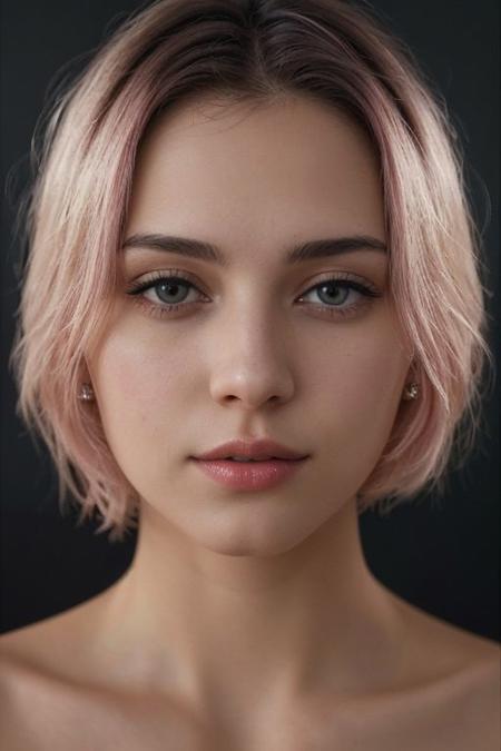 (a cute girl, 22 years old, pale skin , pink hair ,skinny:1.1),(big boobs , small nipples )(best quality, high quality, photograph, hyperrealism, masterpiece, 8k:1.3), mestizo, burly, white shaggy hair, dark skin, smile, (low-key lighting, dramatic shadows and subtle highlights:1.1), adding mystery and sensuality, trending on trending on artsy, concept art, (shot by helmut newton:1.1), rule of thirds, black and white, modern ,shiny skin, epiCRealism, epiCNegative