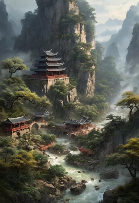 Envision a serene and tranquil idyllic retreat nestled within the ethereal beauty of ancient Xianxia-themed mountains, where misty clouds delicately wrap around the peaks, creating an otherworldly atmosphere. The landscape is dotted with ancient architecture, reflecting the elegance and refinement of a cultivation sect's stronghold. Here, mystical energy flows through enchanted forests, where immortal mountains and rivers harmonize with the natural world, fostering an environment perfect for the pursuit of martial immortality. The scene is populated with mystical creatures, adding a touch of wonder and magic to this Chinese ancient Xianxia-themed paradise., Don't be real, oil painting, done with japanese brush technique, realistic, extreme detail, scary, terrifying, dark and warm environment, 8k, looking at viewer, looming, Comic style
<lora:add-detail-xl:1> <lora:xl_more_art-full_v1:0.5>  <lora:looking_at_viewer:2>