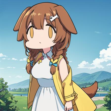 Korone, dog girl, dog ears, twin braids, sidelocks, hair ornament, medium breasts, ((white dress)), yellow jacket, dress, jacket, open clothes, open jacket, sleeveless dress, <lora:ma_meme_fx-13:0.8>, <lora:inugamiKorone_v10:0.4>,  sky, day, outdoors