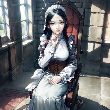 (masterpiece),(best quality),  <lora:Giselle2:0.9>,Giselle,  the maid outfit, long hair, braid, windows, sunlight,  green eyes, medieval castle, red carpet,  throne, tapestry,  close,  ultra detailed,