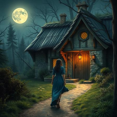 A highly detailed photograph of a medieval witches cottage, illuminated by a full moon, the cottage stands in woodlands, a narrow dusty path leads to the cottage door, a dark haired woman in a blue dress makes her way along the path towards the door. Medieval fantasy setting, medieval fantasy world. fantasy character, RPG, DnD, trees, bushes