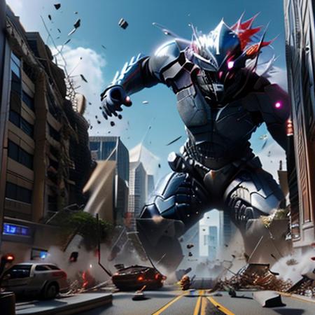 ultra good quality, semi-realism, detailed, cel shading, negative space,
1boy and monsters, 1boy goblin slayer, armor, fur collar, helmet, plume, glowing eye, 
building,battle,city,monster,destruction,serious,v-shaped eyebrows,concentrating,
enormous goblin, debris, looking at another,debris,(((looking at another, size difference)))