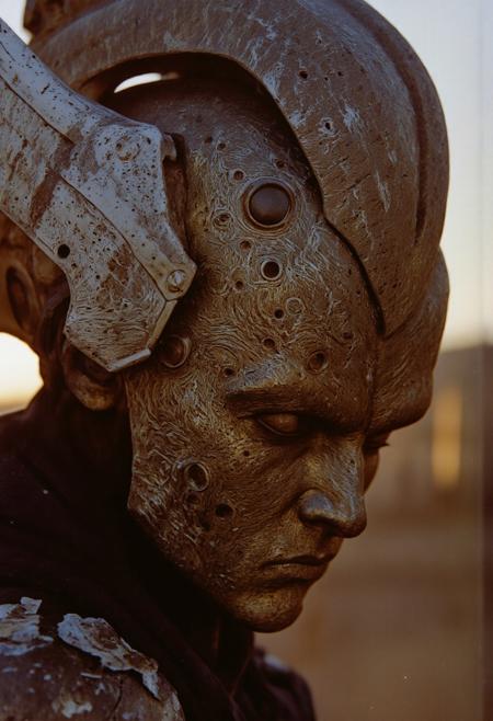 Extreme Closeup Portrait of the kid_buu intricate mask, framed by the intense, gritty realism of an old analog camera. The mechanical horns wears a detailed, ancient purple silver Finish, its surface weathered and battle-scarred, yet intricately adorned with delicate engravings. The armor reflects the faint glow of divine energy, with radiant golden and white light flickering across its surface, A powerful warrior iconic one from Dragon ball. The scene is set during an eerie sundawn, where swirling dust and wind cause his powerful Aura billow dramatically. a gritty, ominous vibe. The sun's orange and gray hues blend into the sky as her tattered habit flutters. The atmosphere is cinematic, with hyper-realistic detail, soft shadows, and an intense, otherworldly mood in a desolate desert landscape. Moody Closeup Portrait, feudal Silk Road style, amazing quality, masterpiece, best quality, hyper detailed, ultra detailed, UHD, dof, hyper-realism, majestic, awesome, inspiring. His torn cape glowing dress flap in the breeze, exuding a laid-back yet dangerous vibe. The photo features faded colors, with a limited palette of gray, beige, and washed-out orange, capturing her cool, striking appearance.. cinematic composition, soft shadows, national geographic style, mythp0rt