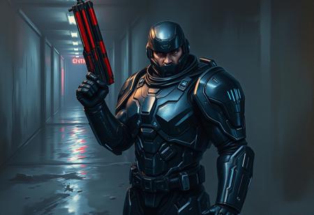An atmospheric oil painting in a neo-noir cyberpunk style, depicting an epic grimdark chad in a futuristic suit of armor, rendered with impasto texture. The armor is mainly black and silver, catching subtle, moody blue reflections, while blue accents are highlighted. He stands in a dimly lit, damp concrete room, holding a substantial red and black gun pointed upwards. The paint strokes are visible, adding depth and texture. His gaze is directed intently at the camera, rendered with expressive brushwork. Reflections of distant neon lights might shimmer on the wet concrete floor or the armor. The lighting is dark and evocative, emphasizing mood over clarity. The overall scene feels like a dark, painted vision from a dystopian future. 4K, Exceptional Quality, More Detail, Lifelike Details, Super Detailed Face and Eyes and Clothes, Handcrafted with Precision, High Quality, Sharp Lines and Brush Strokes, Stunning Colors, Harmonious Colors, Multi Colored, Contemporary Aesthetics, Beautiful Matte Painting, Impeccable Composition, Creative Angle, Attractive Background, Balanced Editing, Intentional Focus, Well-timed Moment, Isometric, Dynamic Action Pose, Captivating Lighting, Grammer Effect Style, Splash Ink Illustration, Octane Render, Unreal Engine 5, Raphael Style, Houdini Style, Vivid Emotions, Joyful Impact, Powerful Message, Beautiful Detailed Eyes, CGSociety, Artstation Trending on ArtstationHQ, Golden Ratio by Mark Brooks and Brad Kunkle detailed, UHD 8K.