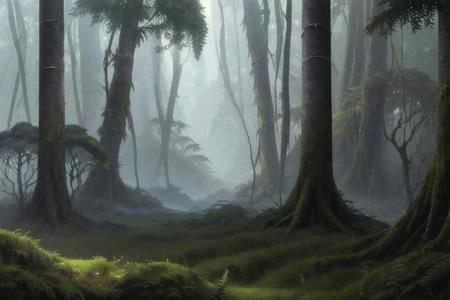 (highest quality matte painting, natural twilight, highly detailed), inside a dark fantasy forest, dark twilight, (thicket:1.5), (grass:1.4), (ferns:1.2), many small plants and bushes, foggy, thick overgrown, (many trees:1.5), cold jungle, (rainforest:1.3), intricately detailed (matte painting:1.5), visible brushstrokes, (stylized matte painting concept art, line art)