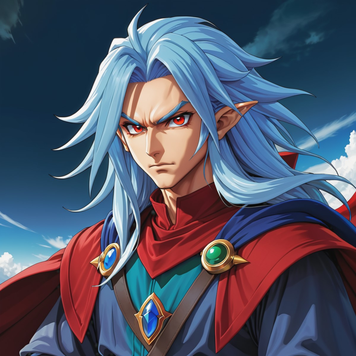 Magus, a male character from the game ChronoTrigger, (red eyes), (long blue hair), red cape, elf, Angry expression, t-shir...