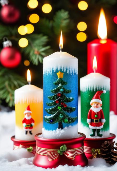 three Christmas candles with snowy fir trees painted on top, in the background a crystal ball with a Christmas elf