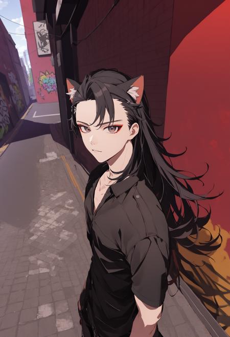 1boy, tobias x'voor, animal ears, black hair, graffiti, cat ears, long hair, looking at viewer, outdoors, red background, road, shirt, solo, newest, rating:general, <lora:TobiasXvoorXL:1>