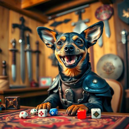 A cute miniature pinscher playing DnD. The miniature pinscher is sitting in front of a table full of dice and DnD items, wearing a leather armor, cosplaying a ranger. In a wooden basement, decorated with swords and shields. The dog’s expression is joyful, its mouth open in delight as if it’s excited about the game. The colors in the image are vibrant but slightly washed out, giving it a nostalgic, heartwarming feel, as though it’s a cherished memory from a fun moment.