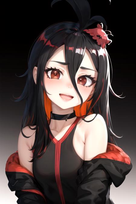 best quality, (masterpiece),(ultra-detailed), (high quality), (high resolution), <lora:Evil-nimu:0.7>,Evil nimu, portrait, smile, two-tone hair, black choker, upper body, black background, red hair, open mouth, jacket, blush, hair ornament, long hair, hair between eyes, multicolored hair, looking at viewer, choker, black eyes, 1girl, solo, colored inner hair, bare shoulders, black hair,red eyes,