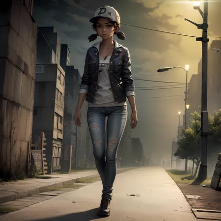 ((masterpiece, best quality)),(complex lighting) , solo, full body,1girl, clementine,  dark skin,  <lora:ClementineWalkingDead1-10:0.6>, baseball cap, jeans, jacket, destroyed city, walking, zombie, low twintails,