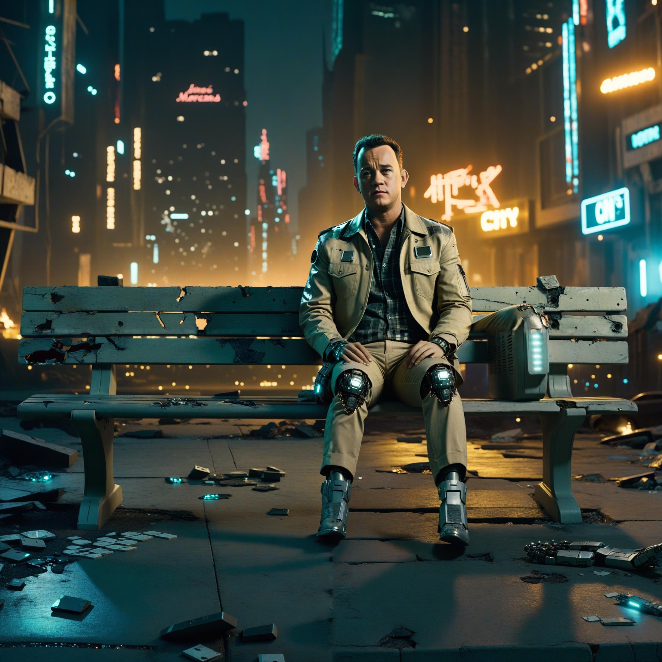 A man wearing a suit and mechanical legs sitting on a bench in a futuristic city.