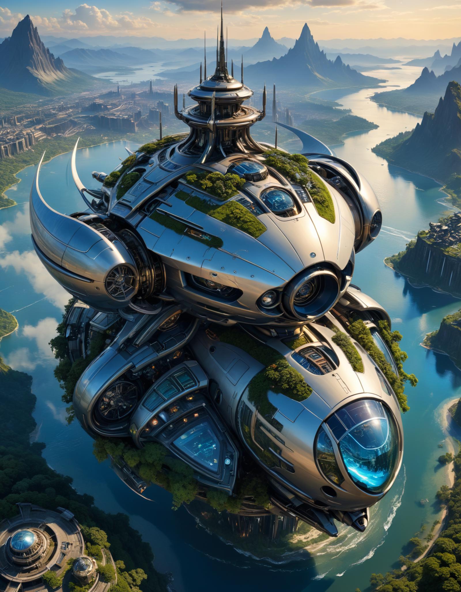 Futuristic Spacecraft with a City on Top and Green Roof, Flying over a Lake