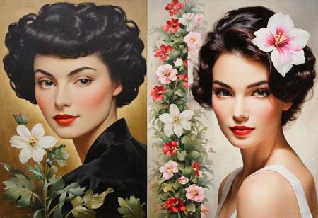 portrait and flower paintings, style of Lena Alexander