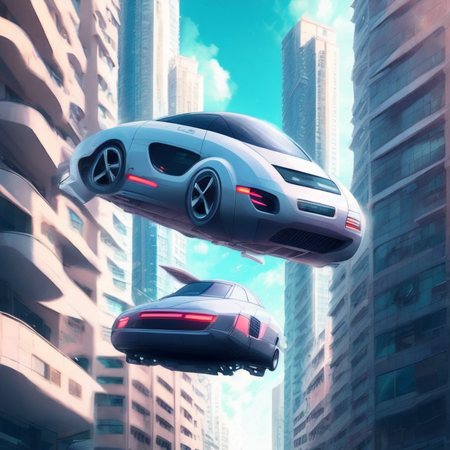 (hovercar style:1) car flying through the air, tall buildings <lora:djzHoverCar_v21:1>