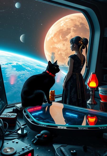 A sleek black cat with red collar sits on a cluttered metal riveted desk with transparent top and rgb led computer components visible inside, On the desk are a maneki neko statue and a lava lamp, the Black Cat is looking out of a seamless and futuristic floor to ceiling window that looks out at a planet from low orbit, (((a beautiful woman fully visible, 24 years old, is standing looking out the window, the woman is dressed in an ornate Japanese style futuristic formal gown (semi-risque) . An enormous deco-cyberpunk starship with futuristic lighting and an enormous space station are visible in the background among the stars, The woman's hair is pinned up with exquisite gold and jeweled chopsticks, and an artistic ribbon that contrasts perfectly with the gown. Artistic cyberpunk, dynamic perspective, (((overall architectural aesthetic is Art Deco Cyberpunk))).