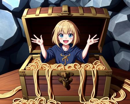 Nd mimic noodles box indoors looking at viewer treasure chest open mouth smile